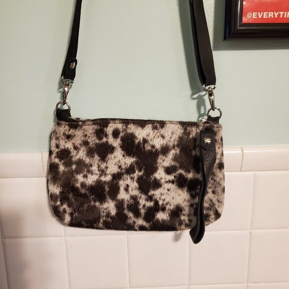 Lynn Tallerico White Brown Cow Hide Fur Crossbody Bag Purse with Wallet - Picture 4 of 12